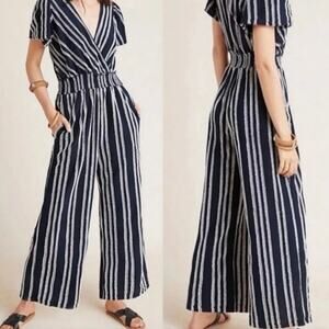 Anthropologie Dolan Jumpsuit Womens XL Wide Leg Striped Coastal Casual Blue